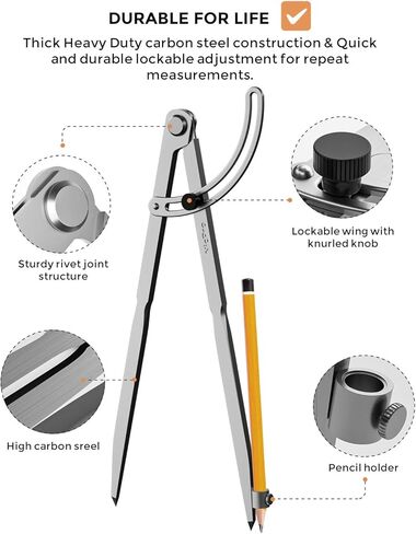 Nicpro 8 Inch Compass for Woodworking with Wing and Pencil Holder, Professional Carpenter Pencil Compass Great for Geometry, Drawing, Drafting in Kuwait