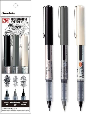 Kuretake Zig FUDEGOKOCHI 3 Brush pens set, Ideal for Inktober, No mess, for beginners, Hand lettering, calligraphy, illustration, sketching, outlining, drawing, cartoon, signature, Made in Japan in Saudi Arabia
