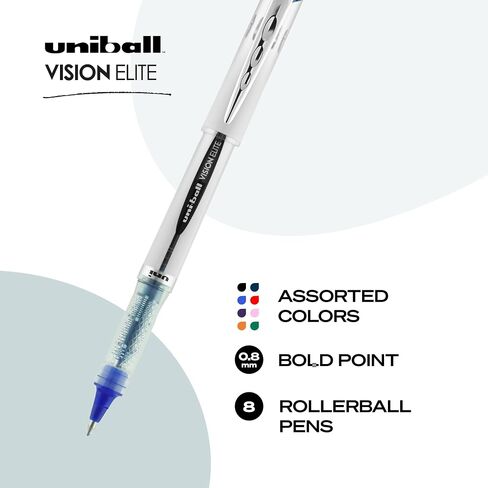 Uniball Vision Elite Rollerball Pens, Assorted Pens Pack of 8, Bold Pens with 0.8mm Ink, Ink Black Pen, Pens Fine Point Smooth Writing Pens, Bulk Pens, and Office Supplies in Saudi Arabia