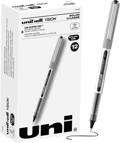 Uni-Ball Vision Rollerball Pens, Black Pens Pack of 12 - 0.7mm Fine Point Medium Black Ink - Teacher Pen, Japanese Pens, Smooth Writing Pens, Journaling Pens, School & Office Supplies in Saudi Arabia