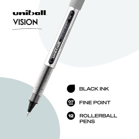 Uni-Ball Vision Rollerball Pens, Black Pens Pack of 12 - 0.7mm Fine Point Medium Black Ink - Teacher Pen, Japanese Pens, Smooth Writing Pens, Journaling Pens, School & Office Supplies in Saudi Arabia
