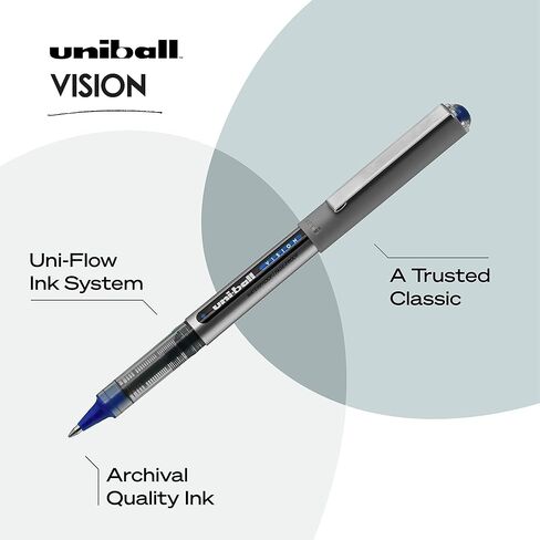 Uni-Ball Vision Rollerball Pens, Black Pens Pack of 12 - 0.7mm Fine Point Medium Black Ink - Teacher Pen, Japanese Pens, Smooth Writing Pens, Journaling Pens, School & Office Supplies in Saudi Arabia