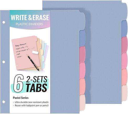 Sooz 6-Tab Tab Date Blastic Write & Erase Big Tab Dividers for 3 Ring Binder ، مجموعة موثق الباستيل اللطيفة الجمالية للطالب ، المعلم ، المكتب ، المنظمين المنزليين ، مجموعات واحدة ، باستيل in Kuwait