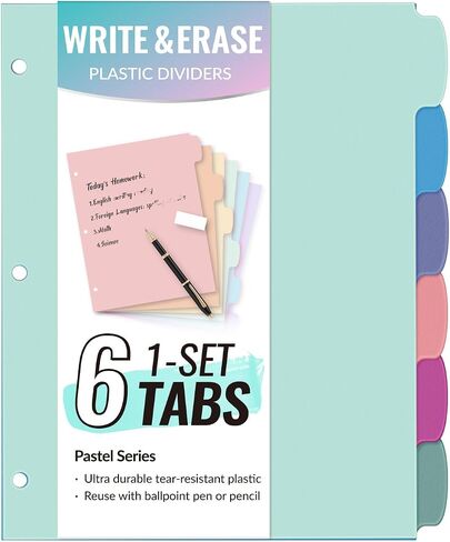 Sooz 6-Tab Tab Date Blastic Write & Erase Big Tab Dividers for 3 Ring Binder ، مجموعة موثق الباستيل اللطيفة الجمالية للطالب ، المعلم ، المكتب ، المنظمين المنزليين ، مجموعات واحدة ، باستيل in Kuwait