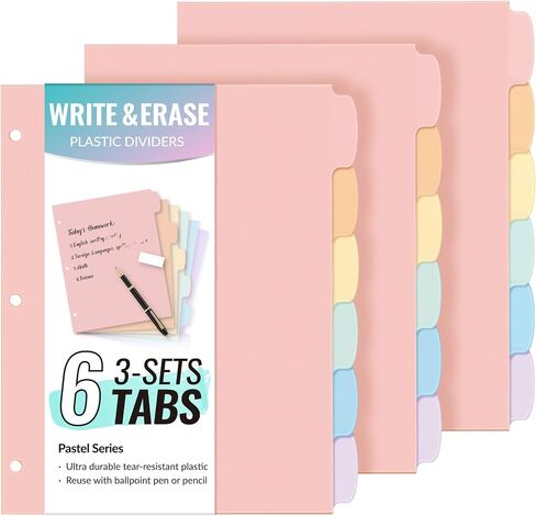 Sooz 6-Tab Tab Date Blastic Write & Erase Big Tab Dividers for 3 Ring Binder ، مجموعة موثق الباستيل اللطيفة الجمالية للطالب ، المعلم ، المكتب ، المنظمين المنزليين ، مجموعات واحدة ، باستيل in Kuwait
