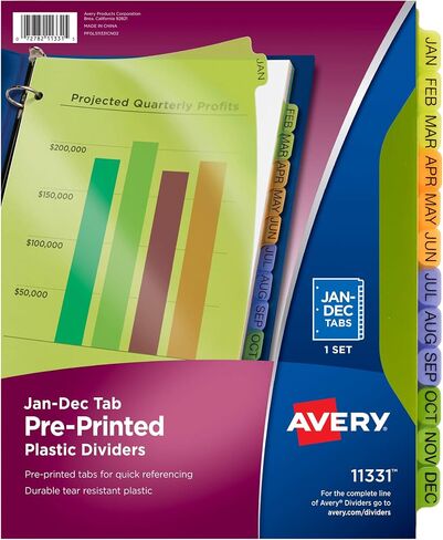 Avery Pre-Printed Jan-Dec Plastic Dividers for 3 Ring Binders, 12-Tab Set, Multicolor, 1 Set (11331) in Saudi Arabia