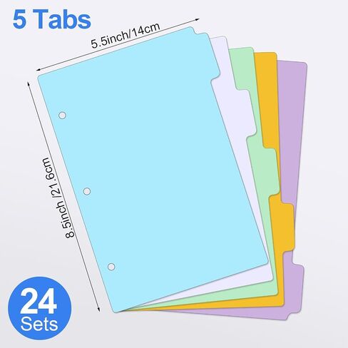 Chuangdi 120 Pcs/24 Sets Mini Binder Dividers with Tabs 5 Tab Dividers for 3 Ring Binders 5.5 x 8.5 Inches Mini Dividers Sets A5 Paper Dividers for 3 Ring Binders (Fresh Color) in Kuwait