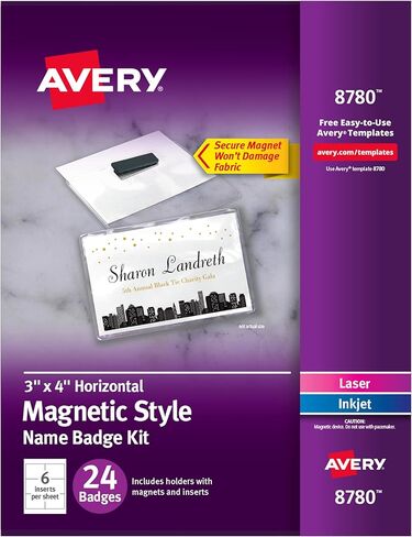 Avery Customizable Name Badges with Magnets, 3" x 4", Clear Name Tag Holders with White Printable Inserts, 24 Magnetic Name Badges (8780) in Saudi Arabia
