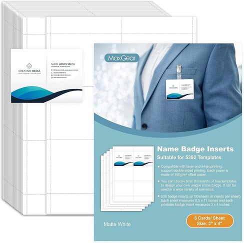 MaxGear Name Badge Inserts Badge Labels, Printable Name Tags Insert, Insert Badges Refill 240 Badges Inserts, Printable Card Paper Compatible with Laser & Inkjet Printer, 3 x 4 Inch (5392), White in Saudi Arabia