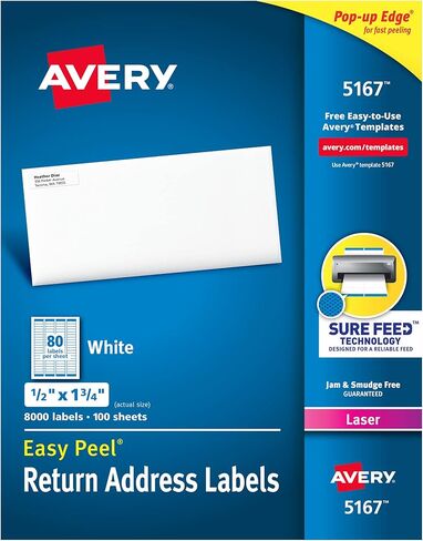 Avery Printable Return Address Labels with Sure Feed, 0.5" x 1.75", White, 8,000 Blank Mailing Labels (05167) in Saudi Arabia