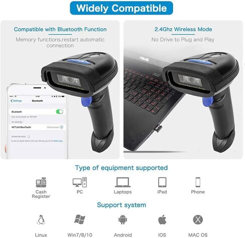 NETUM Bluetooth Barcode Scanner, Compatible with 2.4G Wireless & Bluetooth Function & Wired Connection, Connect Smart Phone, Tablet, PC, CCD Bar Code Reader Work with Windows, Mac,Android (NT-1228BC) in Kuwait