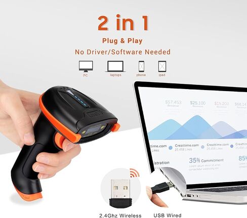 Tera Barcode Scanner Wireless 1D Laser Barcode Reader مع مؤشر مستوى البطارية ، متعدد الاستخدامات 2 في 1 2.4 جيجا هرتز و USB 2.0 سلكية in Kuwait