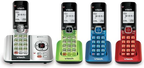 VTech CS6529-4B 4-HA-HAYPER DECT 6.0 اللاسلكي مع نظام الرد على العناية ومعرف المتصل ، قابلة للتوسيع حتى 5 أجهزة ، قابلة للتجربة على الحائط ، الأزرق/الأخضر/الأحمر/الفضة in Kuwait