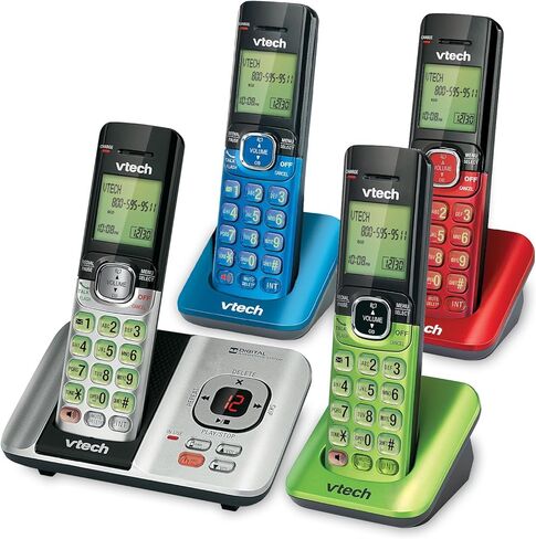 VTech CS6529-4B 4-HA-HAYPER DECT 6.0 اللاسلكي مع نظام الرد على العناية ومعرف المتصل ، قابلة للتوسيع حتى 5 أجهزة ، قابلة للتجربة على الحائط ، الأزرق/الأخضر/الأحمر/الفضة in Kuwait