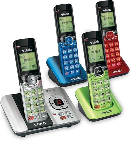 VTech CS6529-4B 4-HA-HAYPER DECT 6.0 اللاسلكي مع نظام الرد على العناية ومعرف المتصل ، قابلة للتوسيع حتى 5 أجهزة ، قابلة للتجربة على الحائط ، الأزرق/الأخضر/الأحمر/الفضة in Kuwait