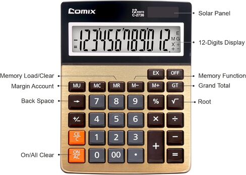Comix Desktop Calculator ، مفاتيح الكمبيوتر الكبيرة ، عرض 12 رقمًا ، لوحة Campaign Gold Color ، C-2735 in Kuwait