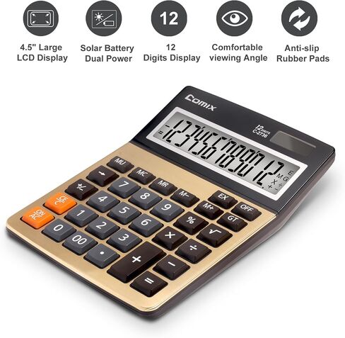 Comix Desktop Calculator ، مفاتيح الكمبيوتر الكبيرة ، عرض 12 رقمًا ، لوحة Campaign Gold Color ، C-2735 in Kuwait