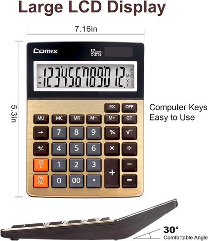 Comix Desktop Calculator ، مفاتيح الكمبيوتر الكبيرة ، عرض 12 رقمًا ، لوحة Campaign Gold Color ، C-2735 in Kuwait
