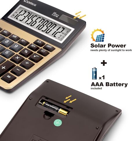 Comix Desktop Calculator ، مفاتيح الكمبيوتر الكبيرة ، عرض 12 رقمًا ، لوحة Campaign Gold Color ، C-2735 in Kuwait