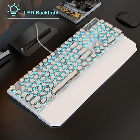 MageGee Typewriter Mechanical Gaming Keyboard, Retro Gold Punk Round Keycap LED Backlit USB Wired Keyboards for Game and Office, for Windows Laptop PC Mac - Blue Switches in Kuwait