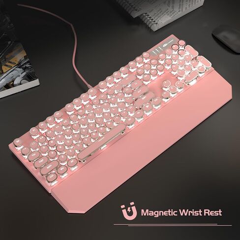 لوحة مفاتيح ميكانيكية للألعاب MageGee Typewriter، أغطية مفاتيح مطلية بالكهرباء دائرية كلاسيكية، لوحات مفاتيح سلكية بإضاءة خلفية برتقالية LED لألعاب الكمبيوتر المحمول، مع مسند معصم مغناطيسي، لوحة معدنية، مفتاح أزرق in Kuwait