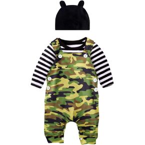 Toddler Baby Boy Pant Clothes Sets 12-18 Months Baby Boys Outfits 3pcs Set First Birthday Outfits Green Long Sleeve Tops+ Camouflage Overalls + Hat