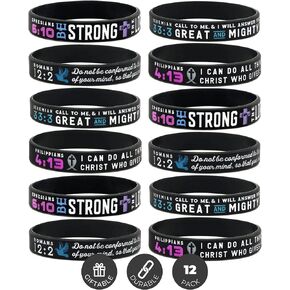 (12-pack) "Power of Faith" Bible Verse Bracelets - Philippians 4:13, Ephesians 6:10, Romans 12:2, & Jeremiah 33:3 - Bulk Wholesale Pack of Religious Silicone Wristbands for Unisex Adults