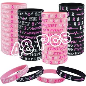 48 Pcs Breast Cancer Awareness Bracelets Bulk Items Hope Faith Strength Courage Silicone Wristbands for Women Pink Ribbon Breast Cancer Awareness Month Favors Fundraiser Survivors Gifts (4 Designs)