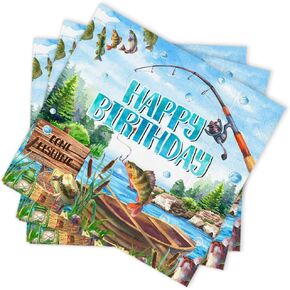 Lofaris Fishing Theme Birthday Party Napkins 50pcs – 6.5x6.5 Inch Blue Kids Party Napkins, Perfect for Boys and Girls Birthday Party Decorations, Fishing Themed Tableware for Kids Party