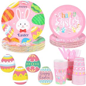168 Pcs Easter Paper Plates and Napkins Tableware Set, Bunny Eggs Party Supplies Includes Easter Paper Plates Napkins Cups for Easter Birthday Baby Shower Decor, Serves 24 Guests
