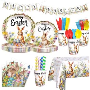 Easter Party Supplies, Happy Easter Party Tableware Set, Happy Easter Banner, Bunny Paper Plates Napkins Cups for Easter Spring Party Decorations