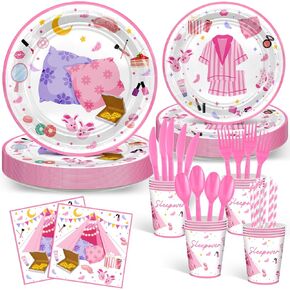 Avezano 192 Pcs Sleepover Party Supplies for Girls Plates Napkins Set Pajama Party Decorations Sleep Over Theme Slumber Party Decor Disposable Dinnerware for 24 Guests
