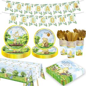 177pcs Vintage Winnie Bear Baby Shower Pooh Party Supplies Decorations Oh Baby Plates and Napkins Tableware Set for Boys Girls Newborn Kids Cups Tablecloth Banner Birthday Decorations for 25 Guests
