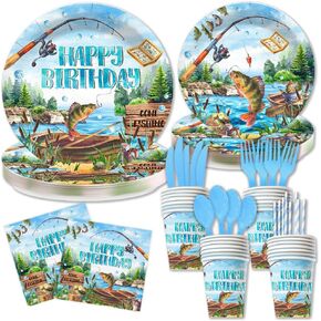 Lofaris Kids' Fishing Party Plates Set - 192 Pcs for 24 Guests, Blue Outdoor Fishing Birthday Decorations, Includes 9" Plates, 7" Plates, Napkins, Cups, Cutlery & Straws