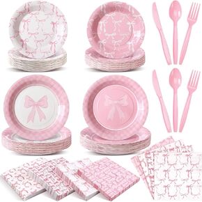 350Pcs Pink Bow Party Decorations Bow Plates and Napkins Birthday Party Supplies for Girl Bachelorette Bridal Wedding Engagement Baby Shower Coquette Tableware Serve 50 Guest (Scalloped Edge)