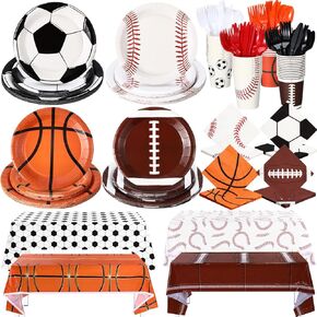 340 Pcs Sports Birthday Party Decorations Sports Theme Party Supplies Include Plates Napkins Cup Cutlery Tablecloth Baseball Football Soccer Basketball Disposable Tableware Serves 48 Guests