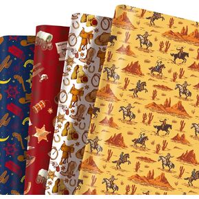littkeef cliaet Western Cowboy Wrapping Paper Set - 12 Sheets Western Cowboy Gift Wrapping Paper 4 Design Western Cowboy Wrapping Paper for Western Cowboy Themed Party Decorations 20'' x 27''