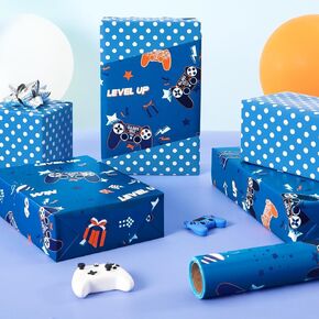 WERNNSAI Gaming Gift Wrapping Paper Roll - 1 Roll 17" x 33 ft Video Game Wrapping Paper Blue Wrapping Paper Boy Birthday Wrap Supply for Kids Party Favor, Reversible Polka Dot Design
