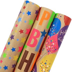 BIOBROWN Kraft Birthday Wrapping Paper - 30 Inch X 10 Feet (3 Rolls: 75 sq. ft. ttl.) - Balloons & Star Design Perfect for Birthday, Party, Baby Shower, Christmas, Gift Wrap