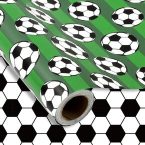 FYSUIMU Soccer Ball Wrapping Paper - Mini Roll - 17 In x 32.8 Ft Sports Green Black White Soccer Gift Wrap Paper Double-Sided DIY Art Craft Paper for Birthday Holiday Party