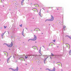 WRAPAHOLIC 4th Birthday Wrapping Paper Sheet - 6 Sheets Adorable Unicorn Design Folded Flat for Birthday, Party, Baby Showers - 19.7 Inch X 27.5 Inch Per Sheet