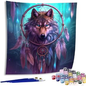 Diymood Paint by Numbers for Adults Wolf, DIY Oil Painting Dreamcatcher Acrylic Paint by Number Kits for Kids Adults Beginner for Home Wall Decor 20x20 inch