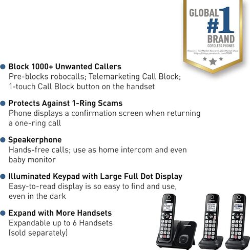 Panasonic Cordless Phone with Advanced Call Block, Bilingual Caller ID and Easy to Read Large High-Contrast Display, Expandable System with 1 Handset - KX-TGD810B (Black) in Saudi Arabia