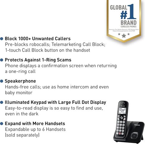 Panasonic Cordless Phone with Advanced Call Block, Bilingual Caller ID and Easy to Read Large High-Contrast Display, Expandable System with 1 Handset - KX-TGD810B (Black) in Saudi Arabia