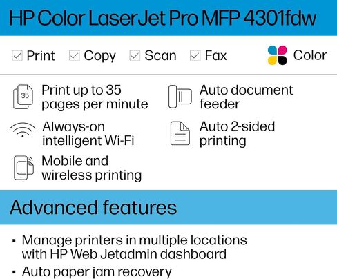 HP Color LaserJet Pro MFP 4301fdw Wireless All-in-One Color Laser Printer, Scanner, Copier, Fax, Best-for-Office in Saudi Arabia