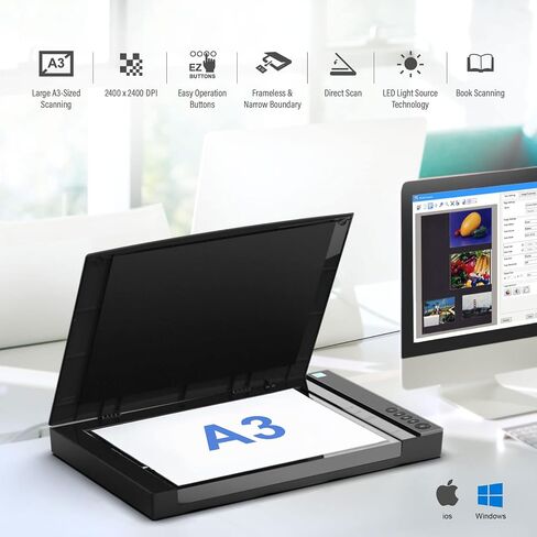 VIISAN VF3240 Large Format Flatbed Scanner, A3 Size, 2400 DPI, CIS Sensor, Scan 12"x 17" in 4 sec, Frameless, Auto-Scan, Document & Photo & Book Scanner, Supports Windows & Mac in Kuwait