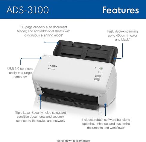 Brother ADS-3300W اللاسلكي ، ماسحة سطح المكتب عالية السرعة | 2.8 بوصة الشاشة التي تعمل باللمس | يقوم بمسح ما يصل إلى 40ppm1 in Kuwait