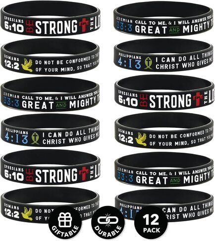 (12-pack) "Power of Faith" Bible Verse Bracelets - Philippians 4:13, Ephesians 6:10, Romans 12:2, & Jeremiah 33:3 - Bulk Wholesale Pack of Religious Silicone Wristbands for Unisex Adults in Saudi Arabia