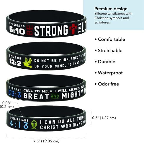 (12-pack) "Power of Faith" Bible Verse Bracelets - Philippians 4:13, Ephesians 6:10, Romans 12:2, & Jeremiah 33:3 - Bulk Wholesale Pack of Religious Silicone Wristbands for Unisex Adults in Saudi Arabia