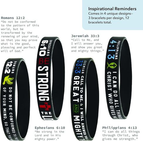 (12-pack) "Power of Faith" Bible Verse Bracelets - Philippians 4:13, Ephesians 6:10, Romans 12:2, & Jeremiah 33:3 - Bulk Wholesale Pack of Religious Silicone Wristbands for Unisex Adults in Saudi Arabia